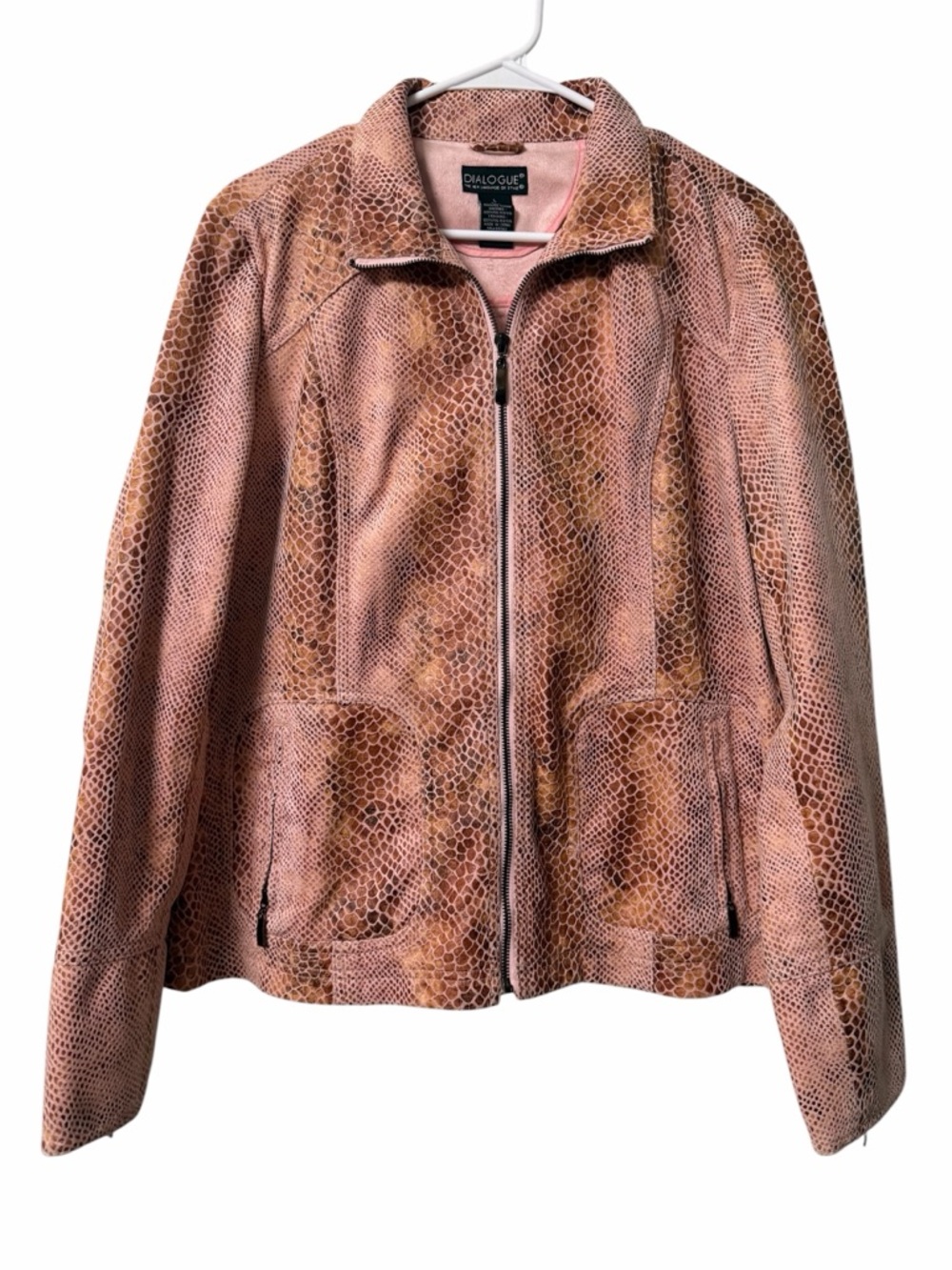 Dialogue Pink Snake-Print Zip Front Faux Leather Jacket